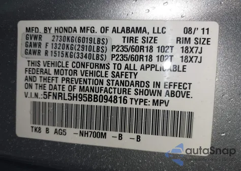 2011 Honda Odyssey Touring/Touring Elite z USA, uszkodzony, nr VIN 5FNRL5H95BB094816